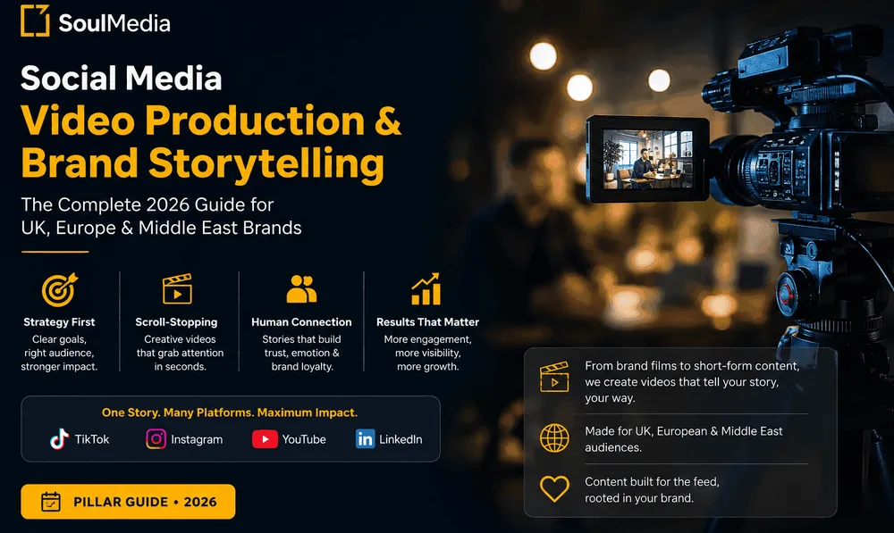 Social media video production and brand storytelling guide by Soul Media, showing TikTok, Instagram, LinkedIn and YouTube content tiles.