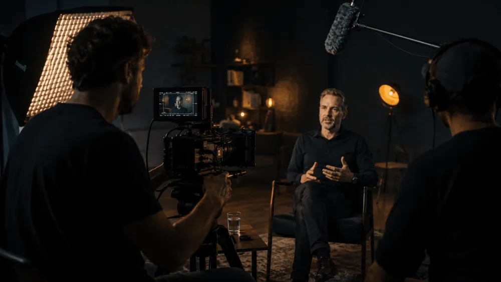 Documentary film production crew filming an interview in a cinematic studio setting