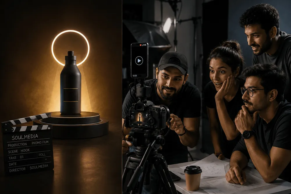 romotional video production crew reviewing camera footage and storyboard notes on set during a product launch video shoot, with a ring-lit product shot in the background