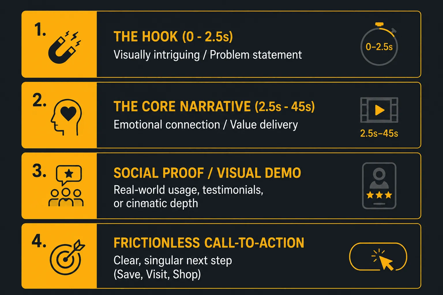 Four-step short-form video strategy showing the hook, core narrative, social proof and call to action